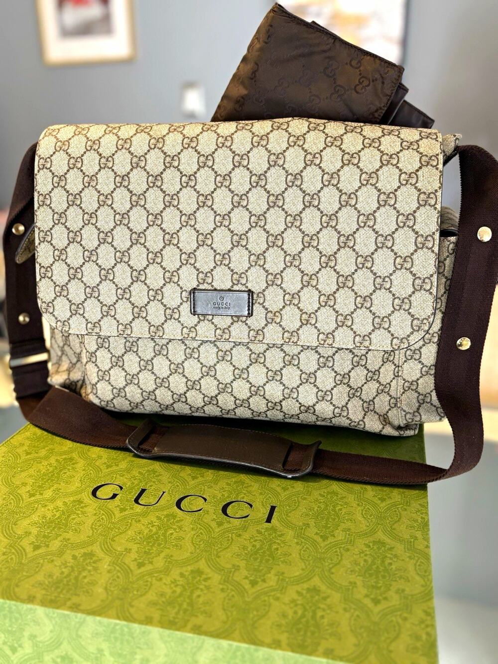 Gucci Large GG Monogram Canvas Diaper Bag Beige/Brown w/Pad, Adjustable Strap